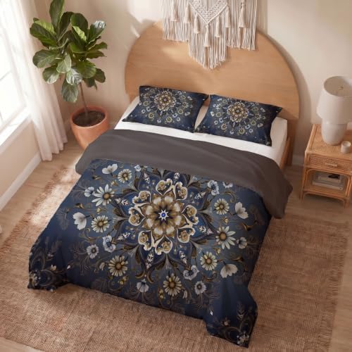 Charcoal Gray Traditional Flower Datura King Duvet Cover Set