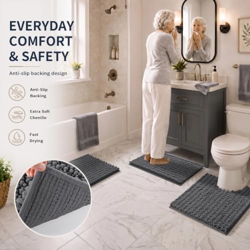 Yimobra Bathroom Rug Set 3 Piece, Super Absorbent Bath Mat Set, Dark