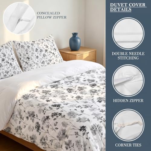 Grey Floral Duvet Cover Set 3 Pieces with Zipper Closure, Elegant