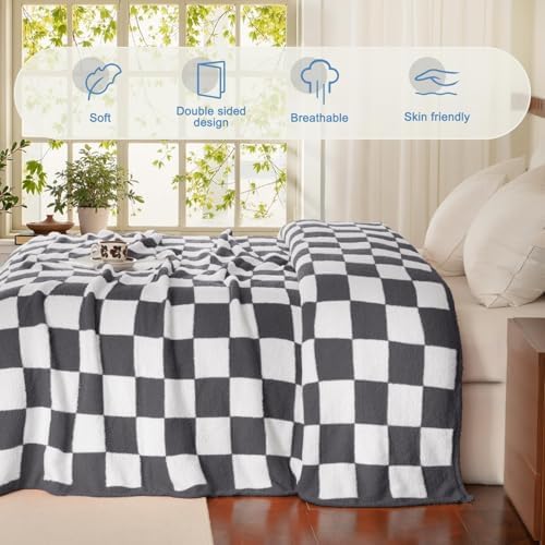Whale Flotilla Checkered Knit Throw Blanket for Couch Bed Sofa, Grey