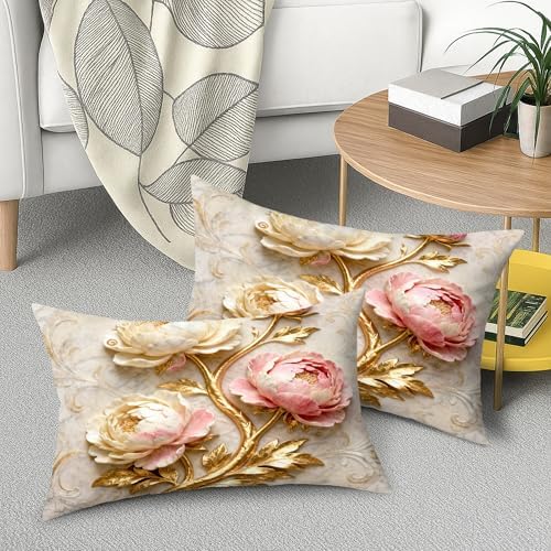 Peony Throw Pillow Covers Set of 2, Elegant Sophisticated Gold Leaves