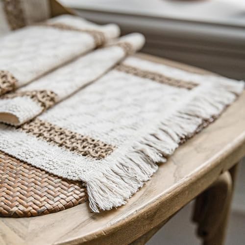 Niviy Boho Placemats Set of 4, 12x18 Inch Natural Cotton Burlap and