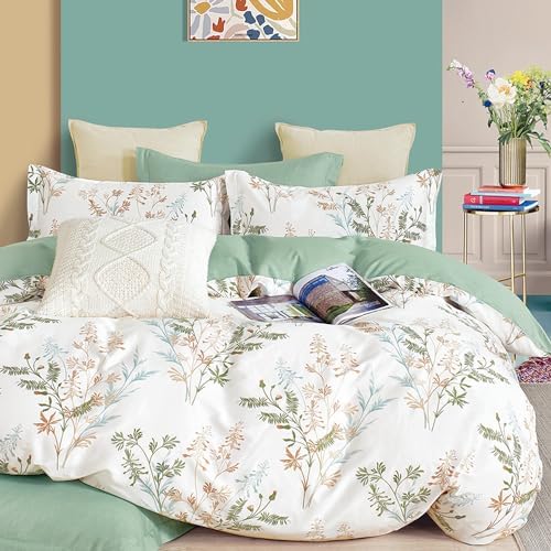 ALEISSEL Sage Green Modern Botanical Cotton Duvet Cover Set Queen Size