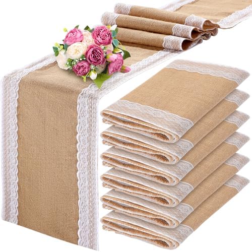Tatuo 6 Pcs Burlap Table Runners with Lace 12 x 72 Rustic Jute, Cute