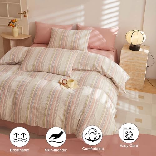 VClife Classic Stripe Duvet Cover King Size, 100% Washed Cotton Linen