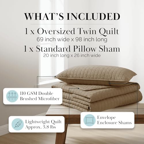 Oversized Twin Quilt Bedding Set with 1 Quilted Pillow Sham, Taupe