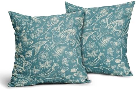 Teal Spring Easter Pillow Covers 22x22 Inch Set of 2 Rabbit Bunny