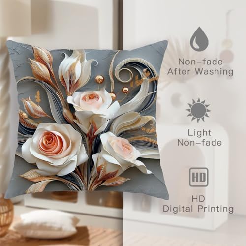 Elegant Floral Throw Pillow Covers Set of 2, Cream and Rose Gold