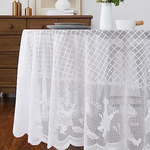 LinenZone 90 Inch Round White Vintage Tablecloth.