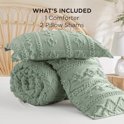 Bedsure Boho Comforter Set California King, Bedroom Bedding Set Sage