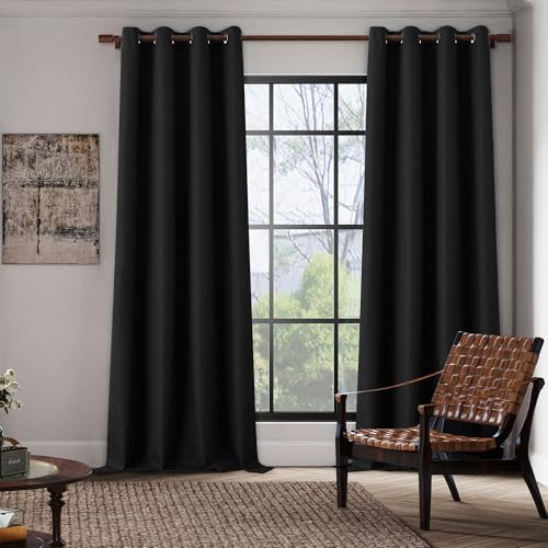 Full Blackout Black Linen Curtains 120 Inch Length 2 Panels