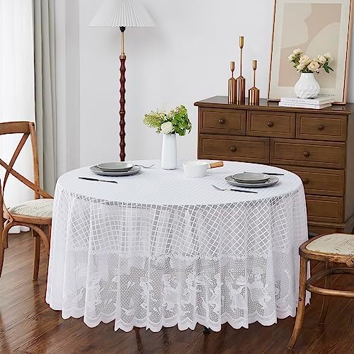 LinenZone 90 Inch Round White Vintage Tablecloth.