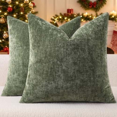 decorUhome Fall Chenille Dark Olive Green Throw Pillow Covers 22x22