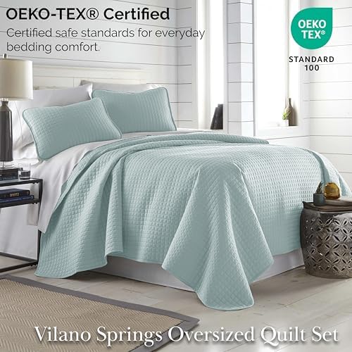 Oversized King Quilt Bedding Set w/ 2 Quilted Pillow Shams, Sky Blue
