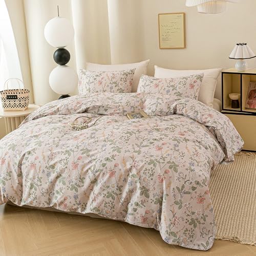 ECOCOTT Floral Duvet Cover Queen Size, 100% Washed Cotton 3 Piece