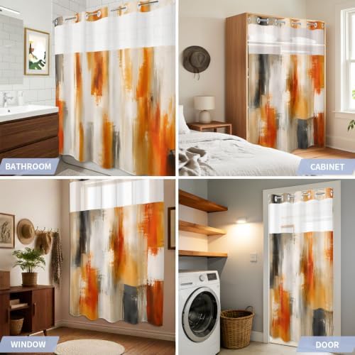 Extra Long No Hook Shower Curtain Bathroom Decor Orange Beige Gray