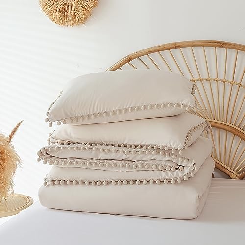 YIRDDEO Queen Comforter Set, Beige Ball Pom Fringe Bedding Set