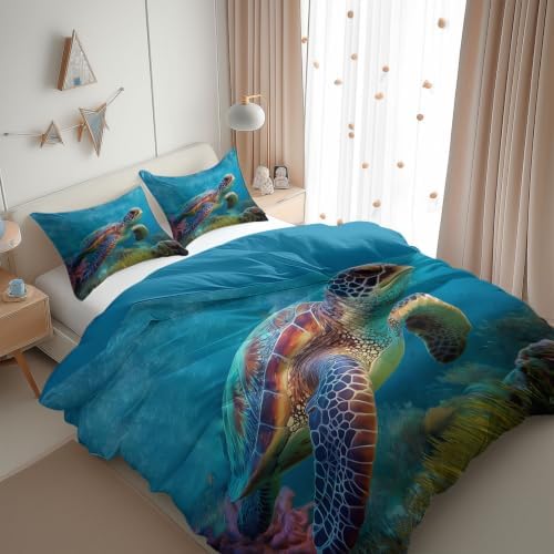 King Duvet Cover Set Soft Microfiber Animals Sea Turtles Sky Blue