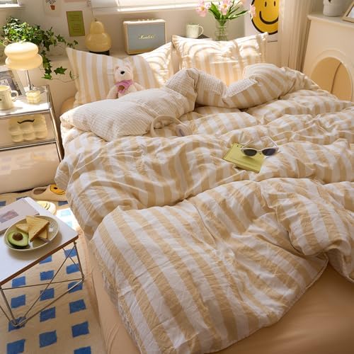 LifeTB Vintage Striped Duvet Cover Set King Size, 3 Pieces Blush Beige