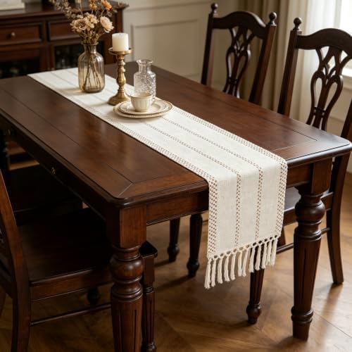 Oversized Boho Hollow Weave Runner 12×120, Off-White Crochet with