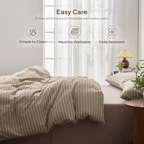 JELLYMONI 100% Cotton Wide Striped Queen Duvet Cover Set, White/Tan