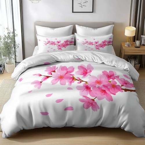 King Duvet Cover Set Soft Microfiber Plant Cherry Blossoms White