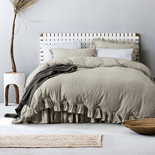 100% Linen Duvet Cover Set, 3Pcs Farmhouse Ruffled Bedding Cover Set