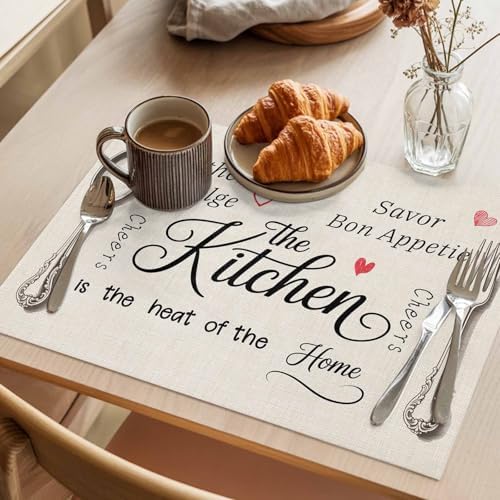 Placemats Set of 6, Beige Retro Art Cotton Linen Place Mats, Spoon