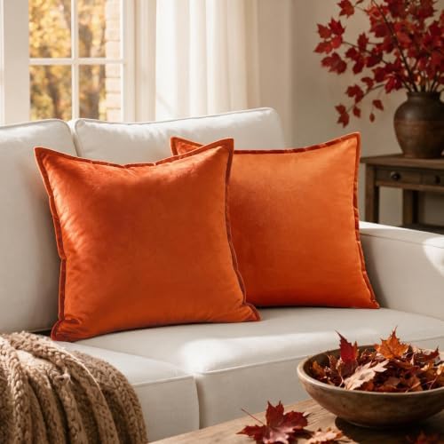 VAKADO Burnt Orange Rust Fall Velvet Throw Pillow Covers 18x18 Set of