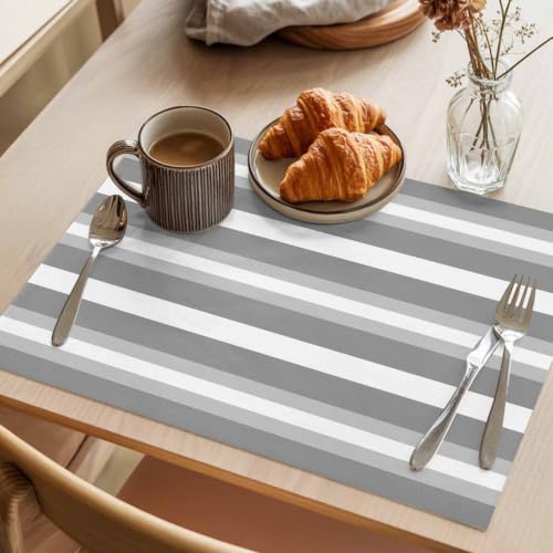 Cotton Linen Placemats for Dining Table Set of 8 Grey Strips