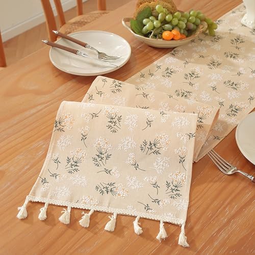 12x108 Inch Boho Floral Table Runner with Tassels, Neutral Beige