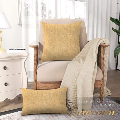 BRAWARM Chenille Throw Pillow Covers 20x20 Inches, Gold, Pack of 2