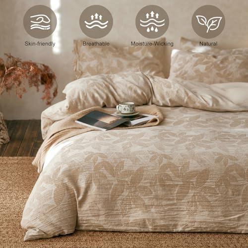 Linen Cotton Duvet Cover Full,Soft Breathable,Leaves Jacquard Textured
