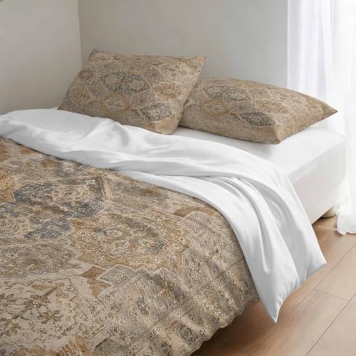 Beige Grey Boho Duvet Cover Set 3 Pieces with Zipper Closure, Vintage