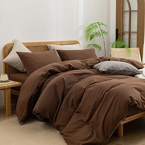 BESTOUCH Cotton Solid Duvet Cover Set Linen Feel Cocoa Brown King