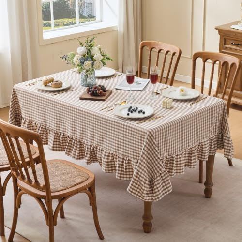 Gingham Ruffled Tablecloth Rectangle Cotton Style, Taupe 52x70