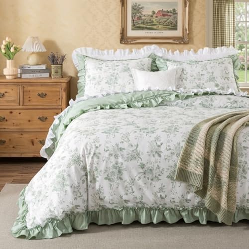 Brandream King Duvet Cover Set, 100% Cotton Sage Green Floral Bedding