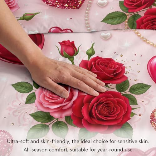 King Duvet Cover Set Soft Microfiber Valentine's Day Roses