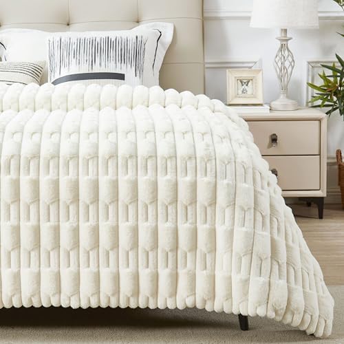 JONIYEAR Soft Fluffy Striped Faux Rabbit Fur Throw Blanket for Couch