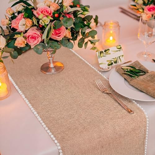 Breling 2 Pcs Burlap Pearl Table Runner 12 X 72 Inch, Rustic Boho