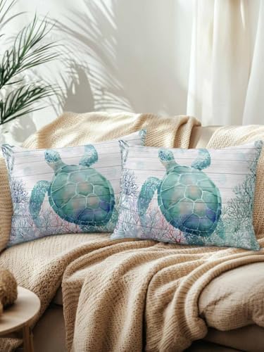 Throw Pillows 12x20 Set of 2, Teal Sea Turtle Waterproof Outdoor