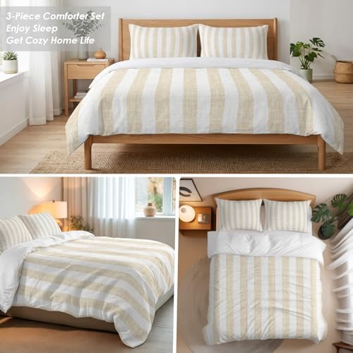 3 Pieces Bedding Set King Size, Beige Striped Soft Duvet Covers Set