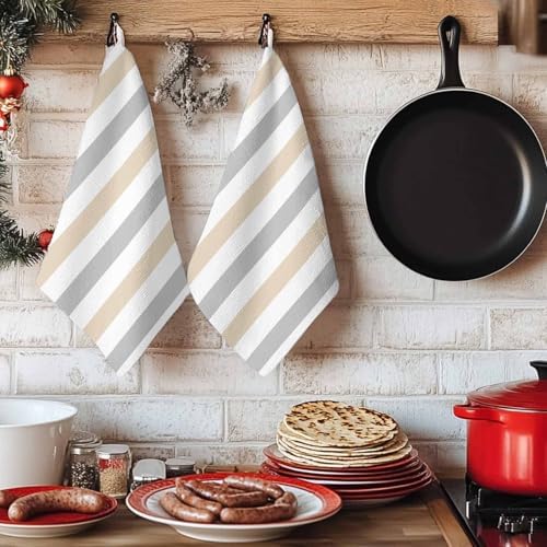 LooPoP Kitchen Towels Set of 3 Beige Grey Striped Dish Towels and