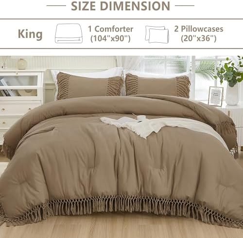 Andency Taupe Comforter Set King, 3 Pieces Boho Tassel Bedding
