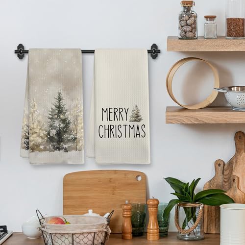 Rustic Beige Winter Christmas Tree Kitchen Towel and Dishcloths Sets
