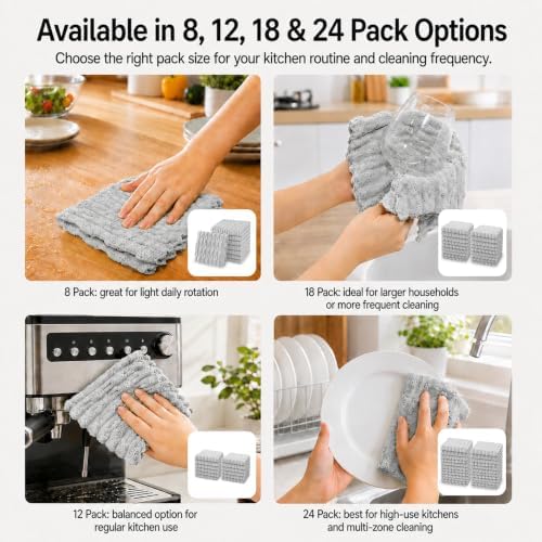 kimteny Microfiber Dish Cloths for Washing Dishes 24 Pack, Light Grey