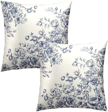 White Blue Floral Pillow Covers 22x22 Inch Set of 2, Vintage