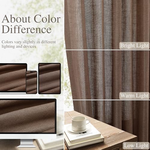 Nanspring Linen Curtains 96 Inch Long for Bedroom Hook Belt Caramel