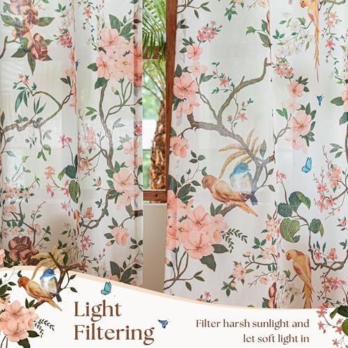 Beige White Floral Bird Linen Curtains 63 Inch 2 Panels for Living