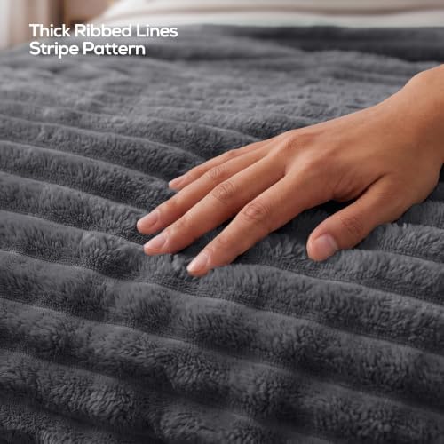 Utopia Bedding Fluffy Striped Fleece Blanket Grey Queen, 90x90 Inches